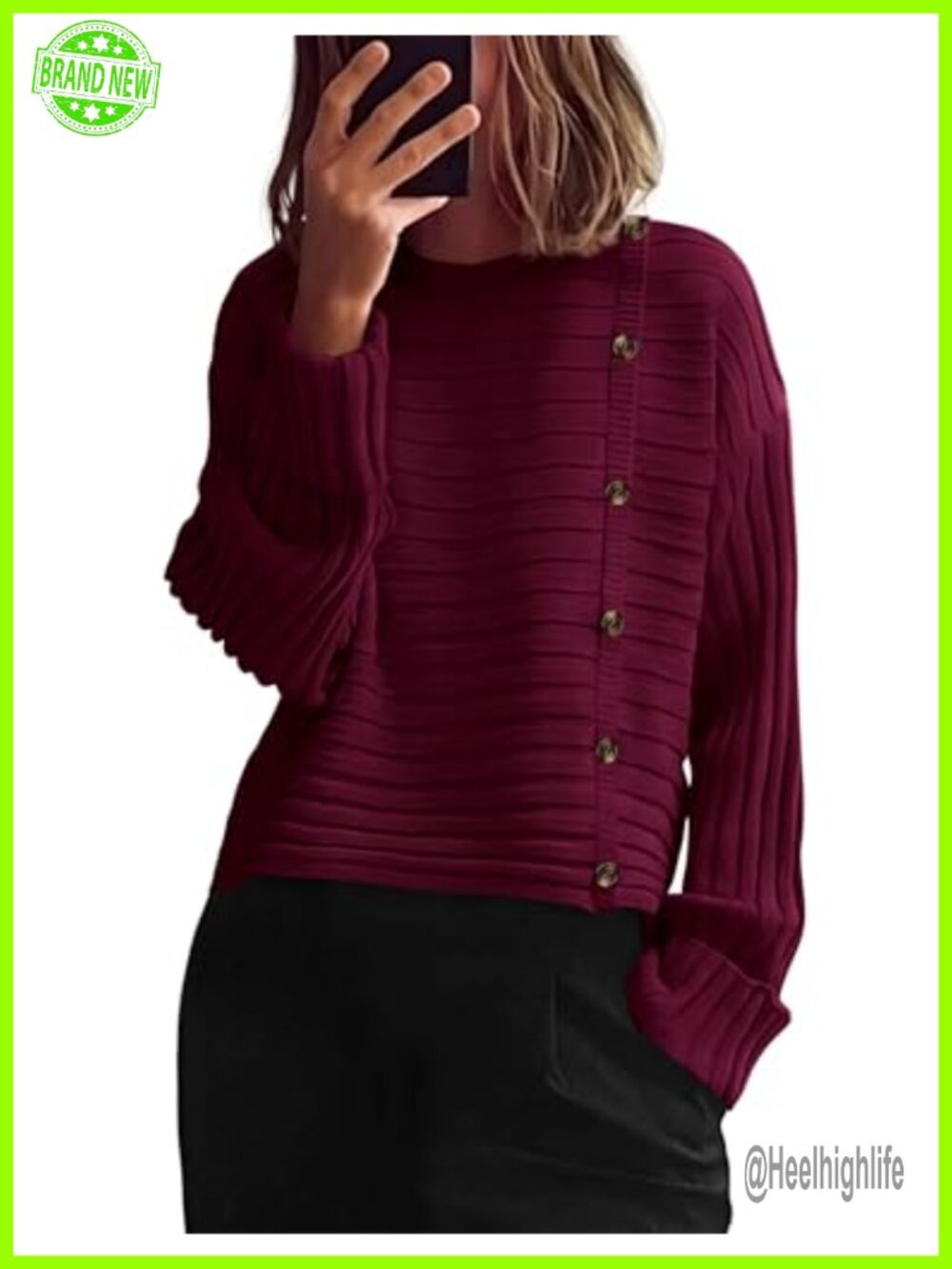 Womens Asymmetric Button Long Sleeve Knit Pullover Sweater Crewneck